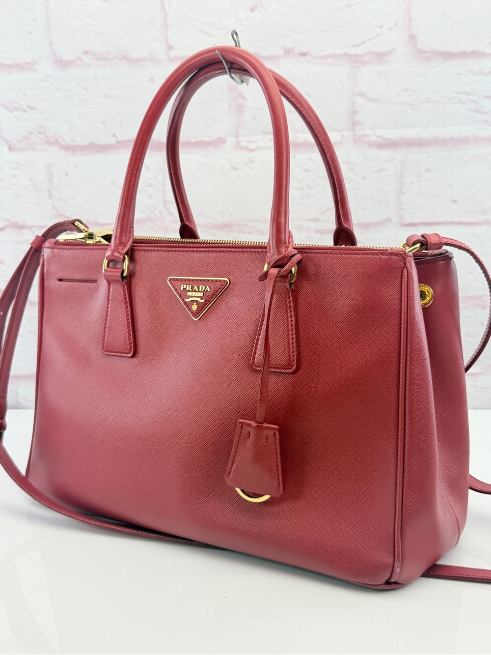 Prada Red Saffiano Lux Leather Medium Double Zip Tote Bag